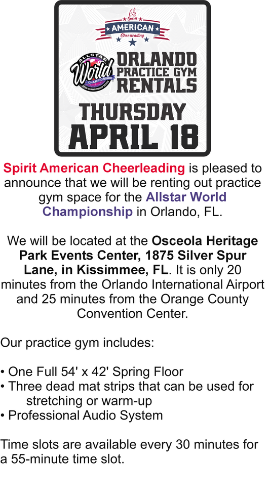Spirit American Cheerleading Practice Gym - Thursday, April 18, 2024