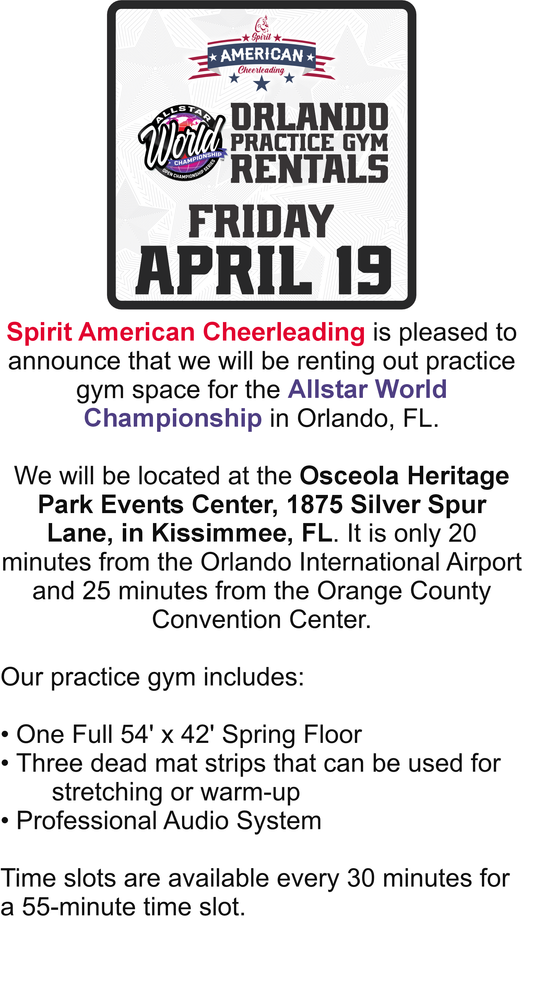 Spirit American Cheerleading Practice Gym - Friday, April 19, 2024