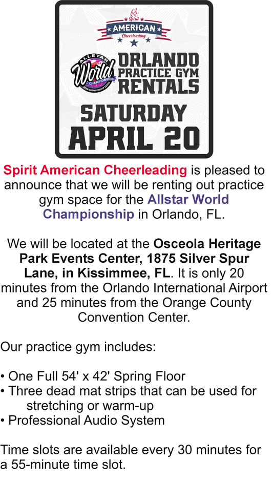 Spirit American Cheerleading Practice Gym - Saturday, April 20, 2024